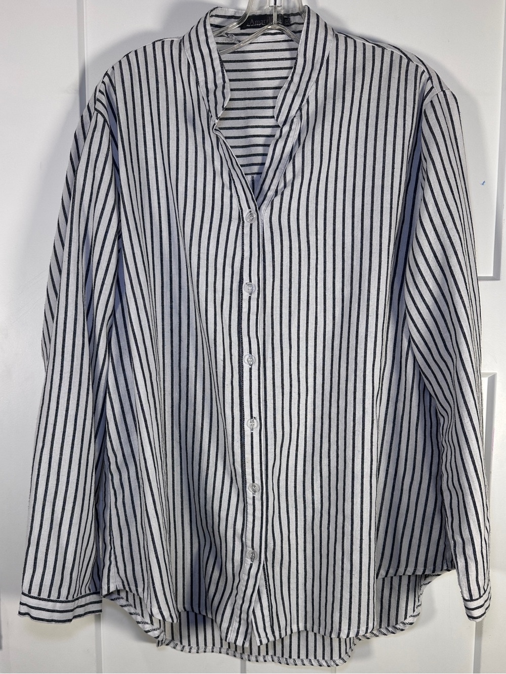 Amaryllis Plus Sized Women’s White and Black Vertical Stripe Button-Up Shirt
